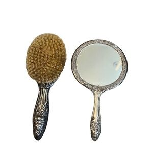 Vintage Ornate Silver Repousse Art Nouveau Style Vanity Set Hand Mirror and Brus
